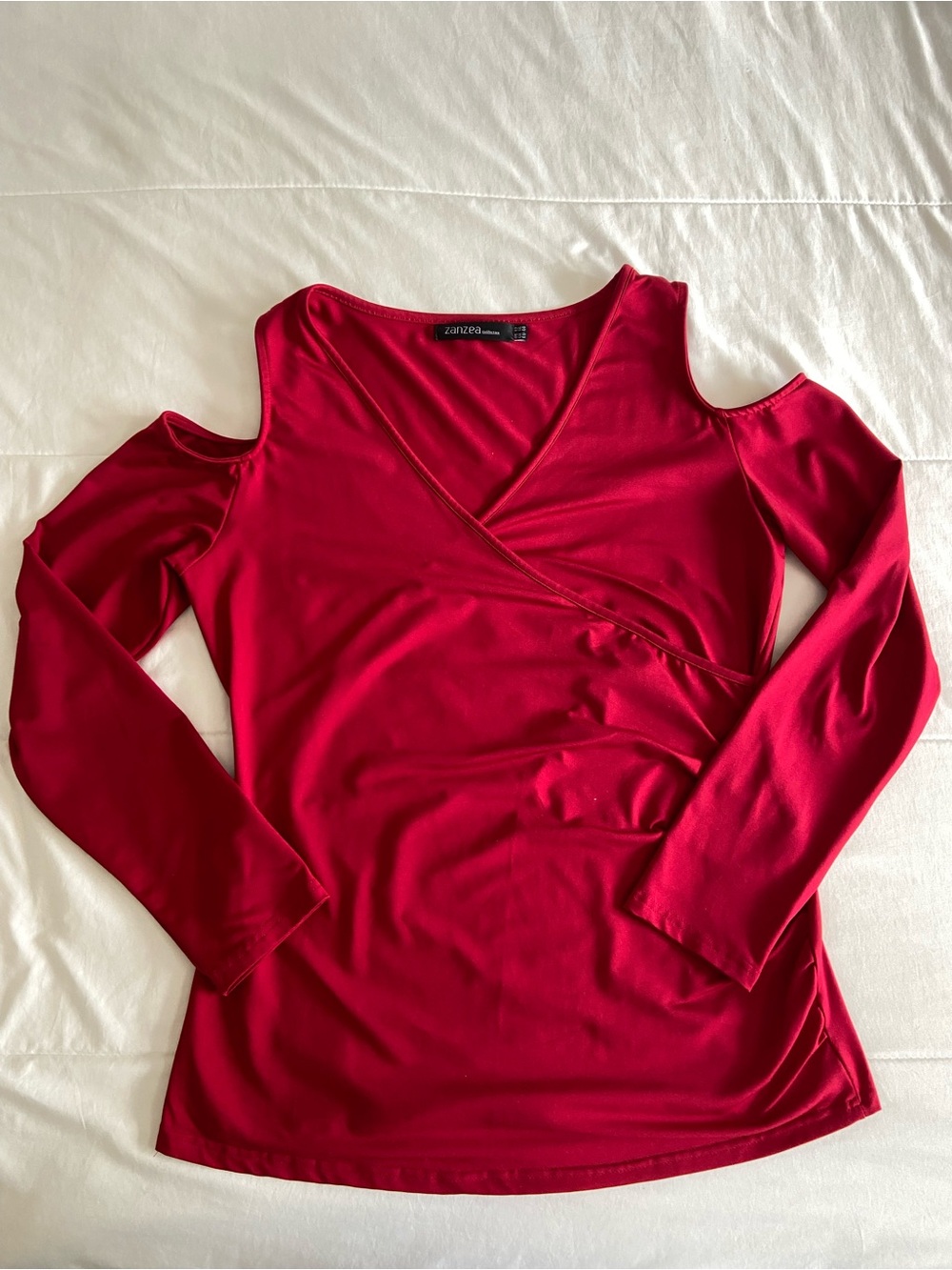 Zanzea Crimson Cold-Shoulder Surplice Long Sleeve Top